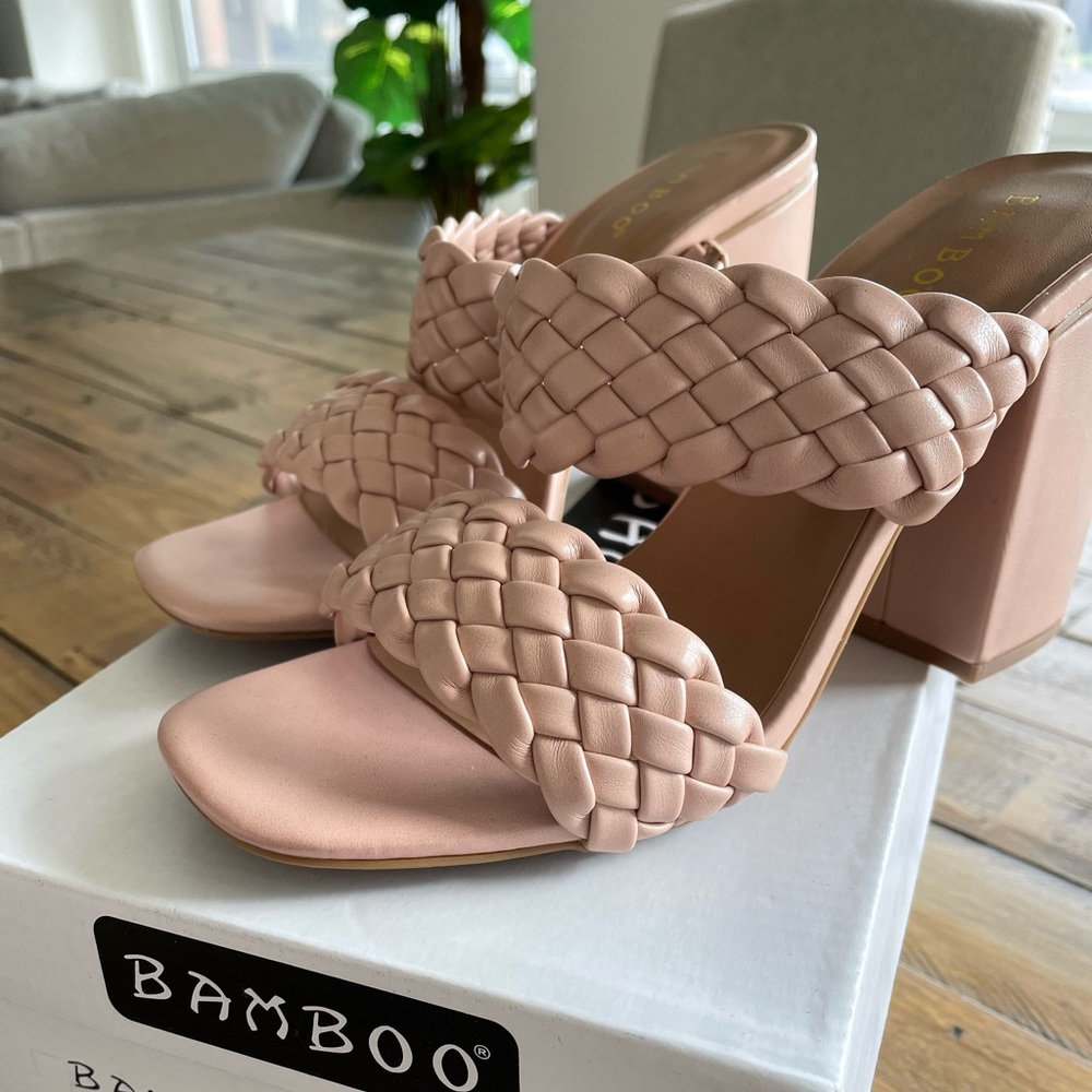 double strap woven chunky heel sandal